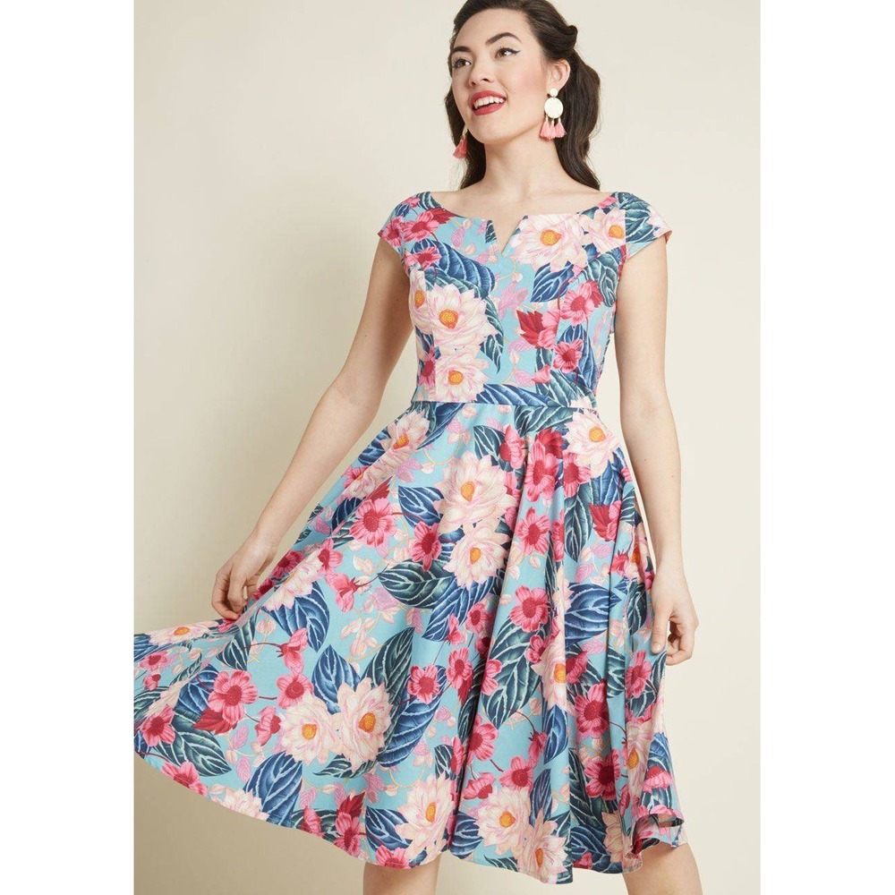 Hell Bunny Blue Pink Floral Rockabilly Swing Dress Size Small